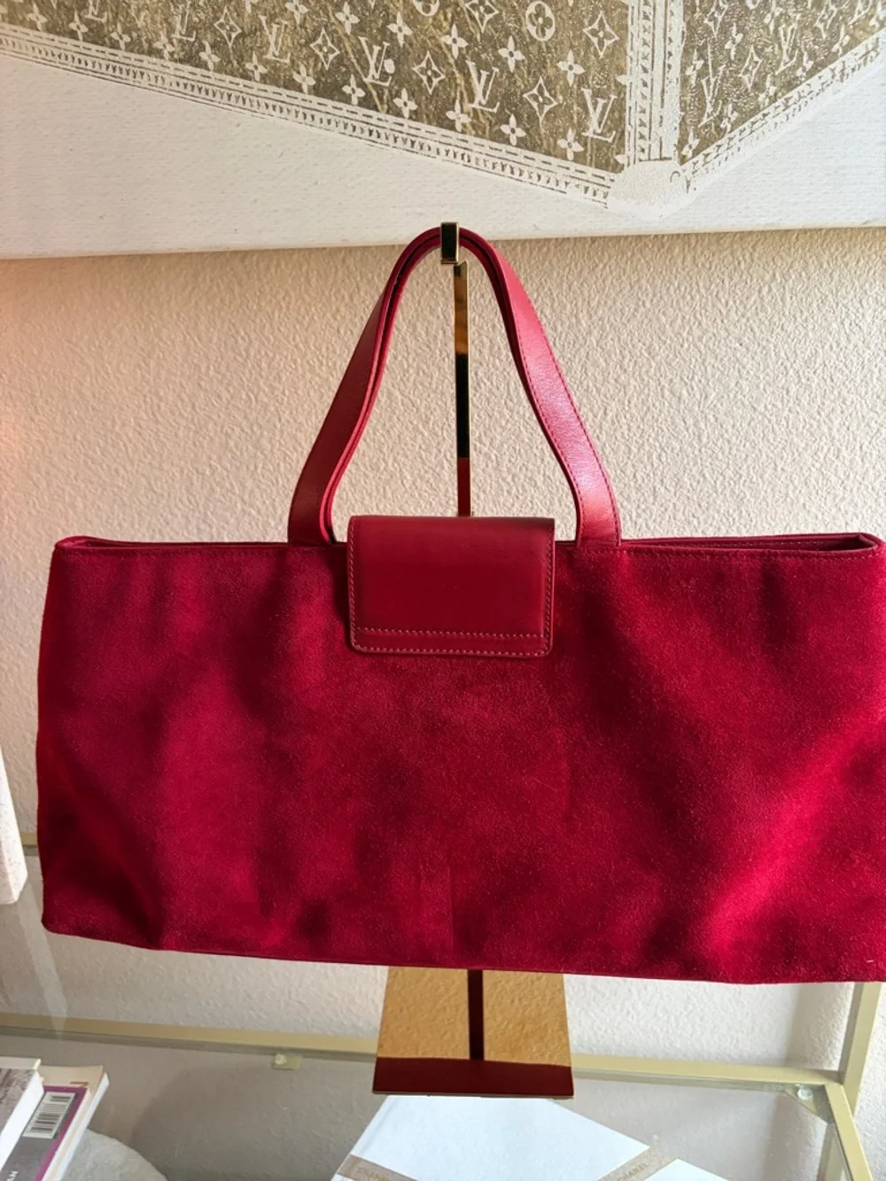Vintage Burberry Red Suede Shopper Tote with Leather Trim - Picture 3 of 13
